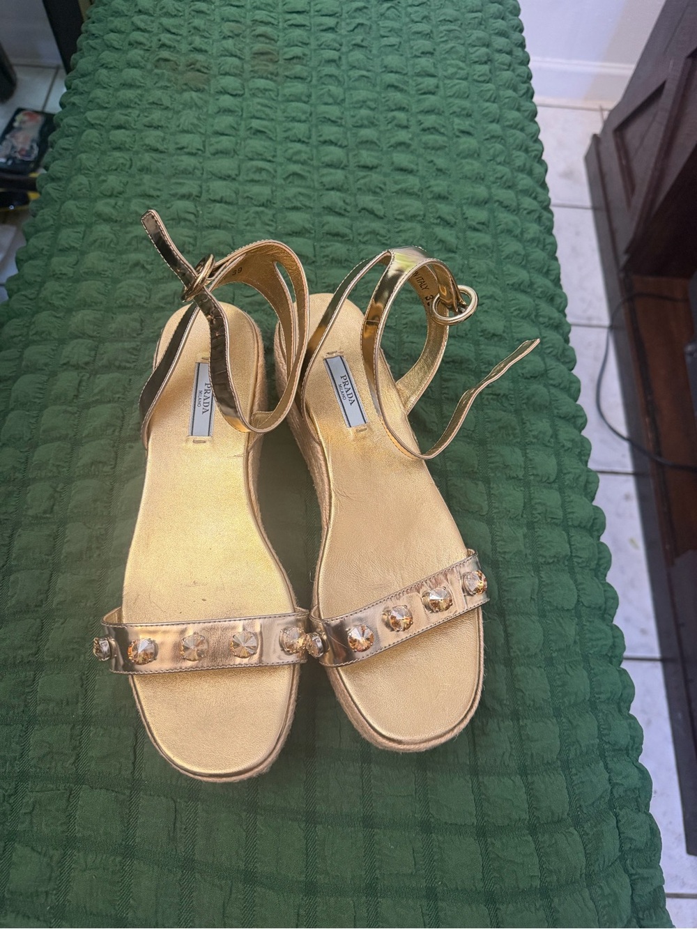 Prada Metallic Gold Studded Slingback Sandals